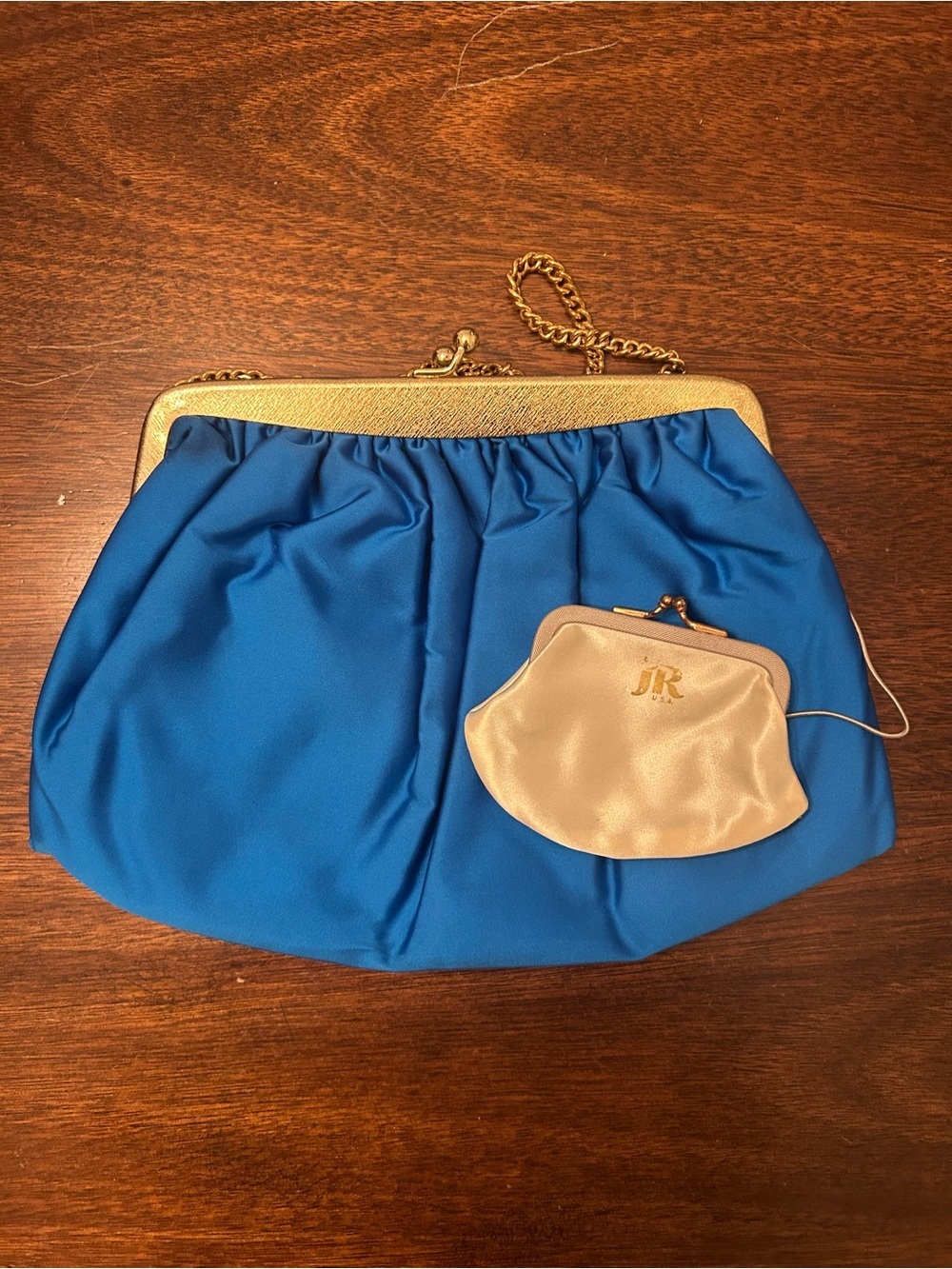 Vintage 70s Julius Resnick (JR) Blue Satin Chain-Handle Clutch with Gold Frame - Picture 2 of 6